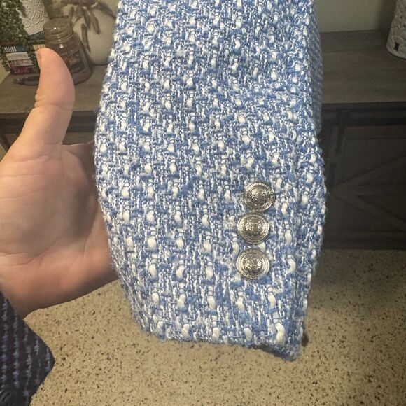 Zara Blue Tweed Double Breasted Boucle Blazer Sz S Blogger Fave Classic Preppy - Picture 6 of 10